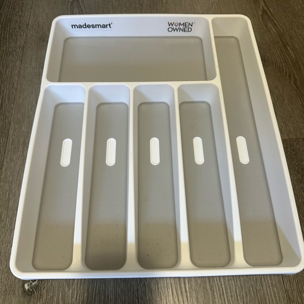 White and Gray Utensil Drawer Organizer - 6-Compartment